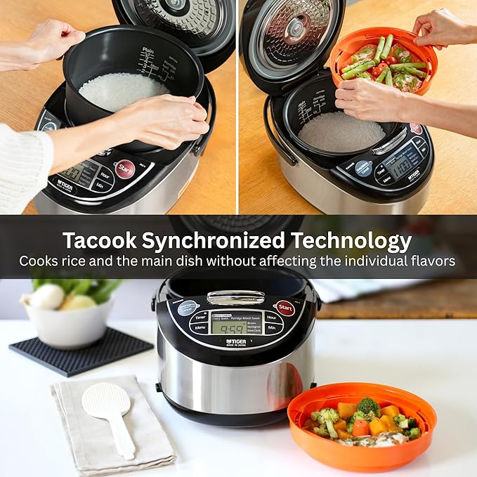 TIGER JAX-T10U-K 5.5-Cup (Uncooked) Micom Rice Cooker and Warmer with Tacook Food Steamer Cooking Tray Technology and 10 Auto-Cook Settings, Stainless Steel Black