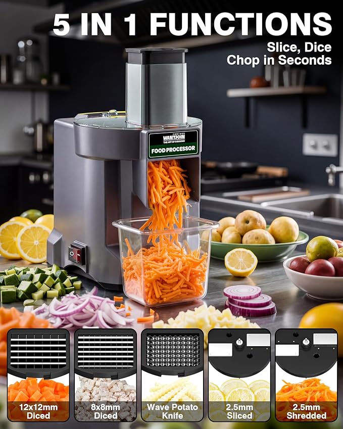 WantJoin 5-in-1 Electric Food Processor & Vegetable Chopper - Multifunctional Commercial Dicer with Stainless Steel Blades for Slicing (2.5mm), Dicing (8/12mm), Chopping (2.5mm), Shredding