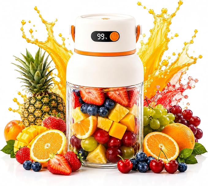 Portable Electric Juicer Cup with Zero Cord Hassle, 1200ml Multifunctional Wireless 2-In-1 Dual Lid Personal Blender Bottle with Straw 38-Blades USB Rechargeable for Gym Office Outdoor (1000ml)
