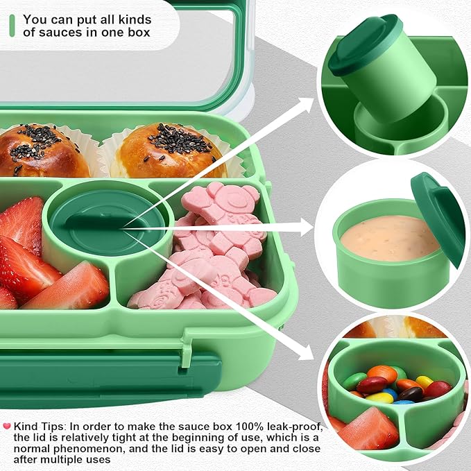 Amathley Bento Box Adult Lunch Box Kids,Lunch Containers for Adults/Kids/Toddler,5 Compartments Bento Lunch Box with Sauce Vontainers,Microwave & Dishwasher & Freezer Safe,BPA-Free (Green)
