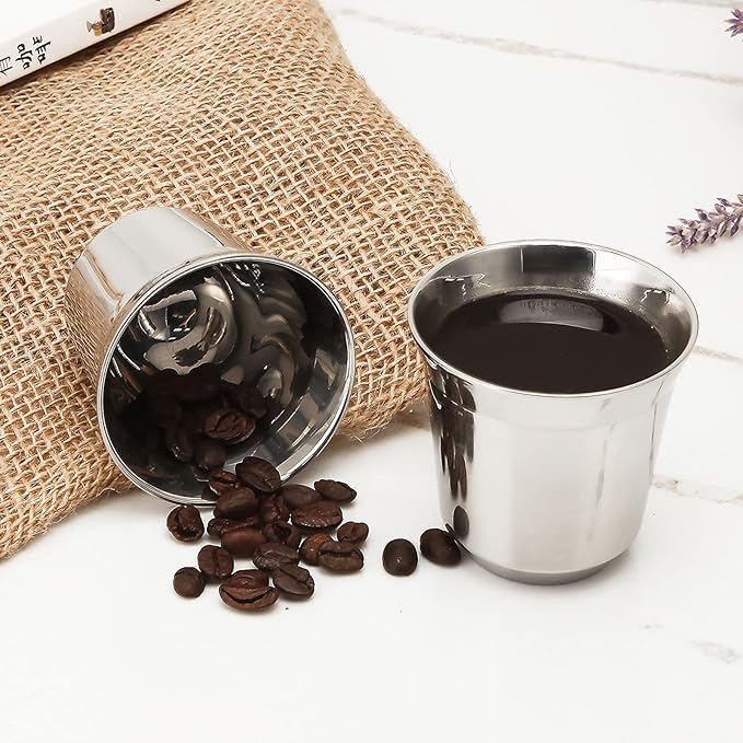 Easyworkz Stainless Steel Espresso Cup 2pcs Set Double Wall 5 oz, Bundled Espresso Steaming Pitcher Stainless Steel 15 oz Coffee Frothing Picther Milk Jug Cappuccino Latte Art Cup
