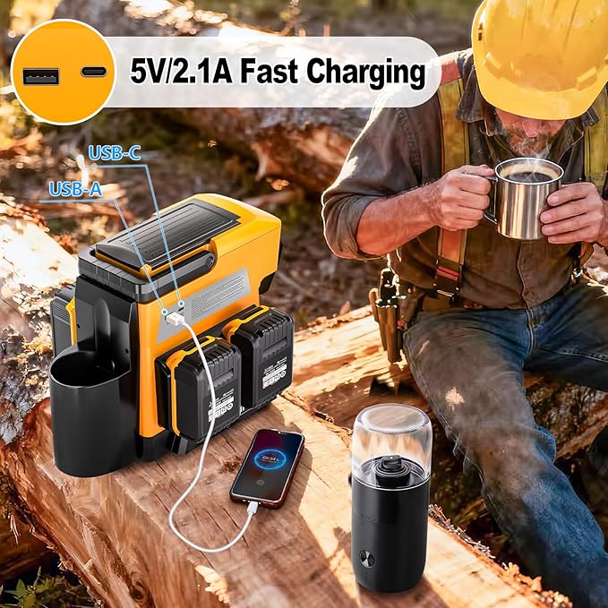 Taingwei Cordless Coffee Maker for Dewalt 20V Battery, Portable Drip Coffee Maker with Electric Coffee Grinder for RV, Camping, Travel, Car, Hiking (Battery Not Included)