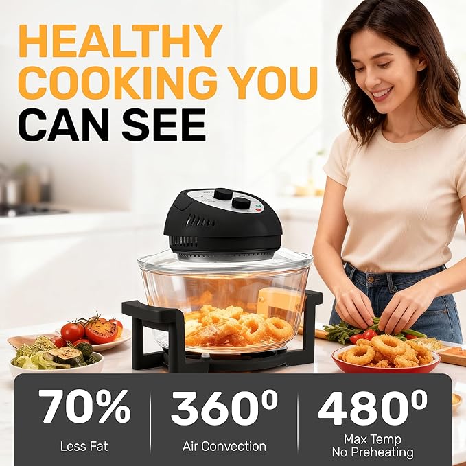 Granitestone 16Qt Large Glass Air Fryer Non Toxic – Family Sized Airfyrer Cooker with 3 Cooking Sections, Stainless Steel Racks, for French Fries, Chicken, No Preheat, Self Cleaning, Dishwasher Safe