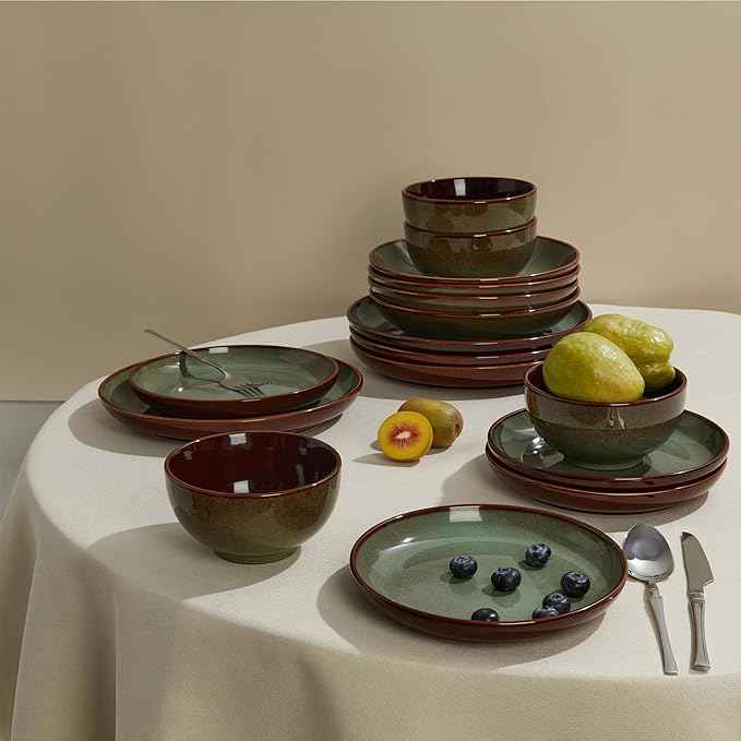 32 Piece Double Bowl Dinnerware Sets with Pasta Bowls, Highly Chip and Crack Resistant Plates and Bowls Sets, Natural Earthyware Ceramic Dishware Sets, Service for 8 Sage Green