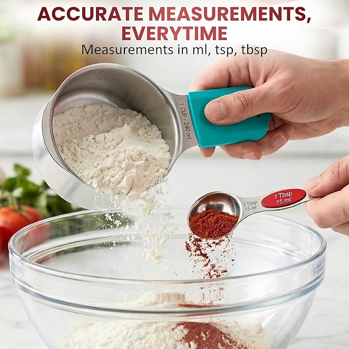 16-Pcs Measuring Cups & Magnetic Spoons Set with Leveler, Food-Grade Stainless Steel, Stackable Design, Silicone Handles, Precise Metal Measuring Cups and Spoons Set for Cooking & Baking (Multicolor)