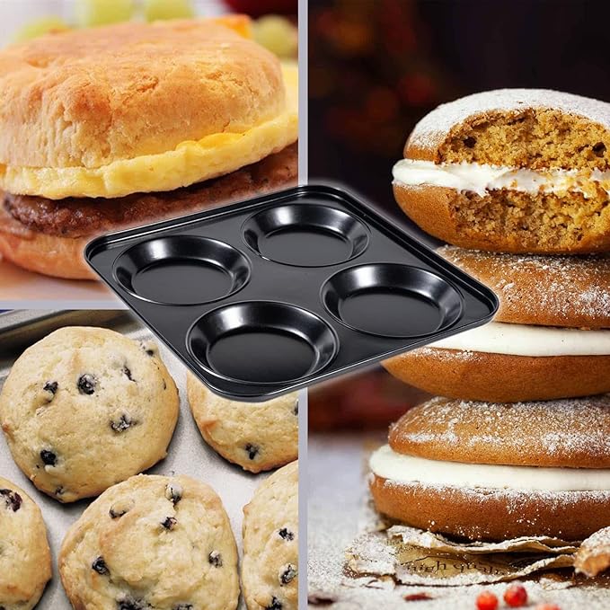 Muffin Top Pan Non Stick 4 Cavity Baking Moon Pie Whoopie Pie, 4 Inch Yorkshire Pudding Pan Hamburger Bun Pan Cake Baking Tray Egg Sandwich Mold Maker Mold for Oven, Air Fryer