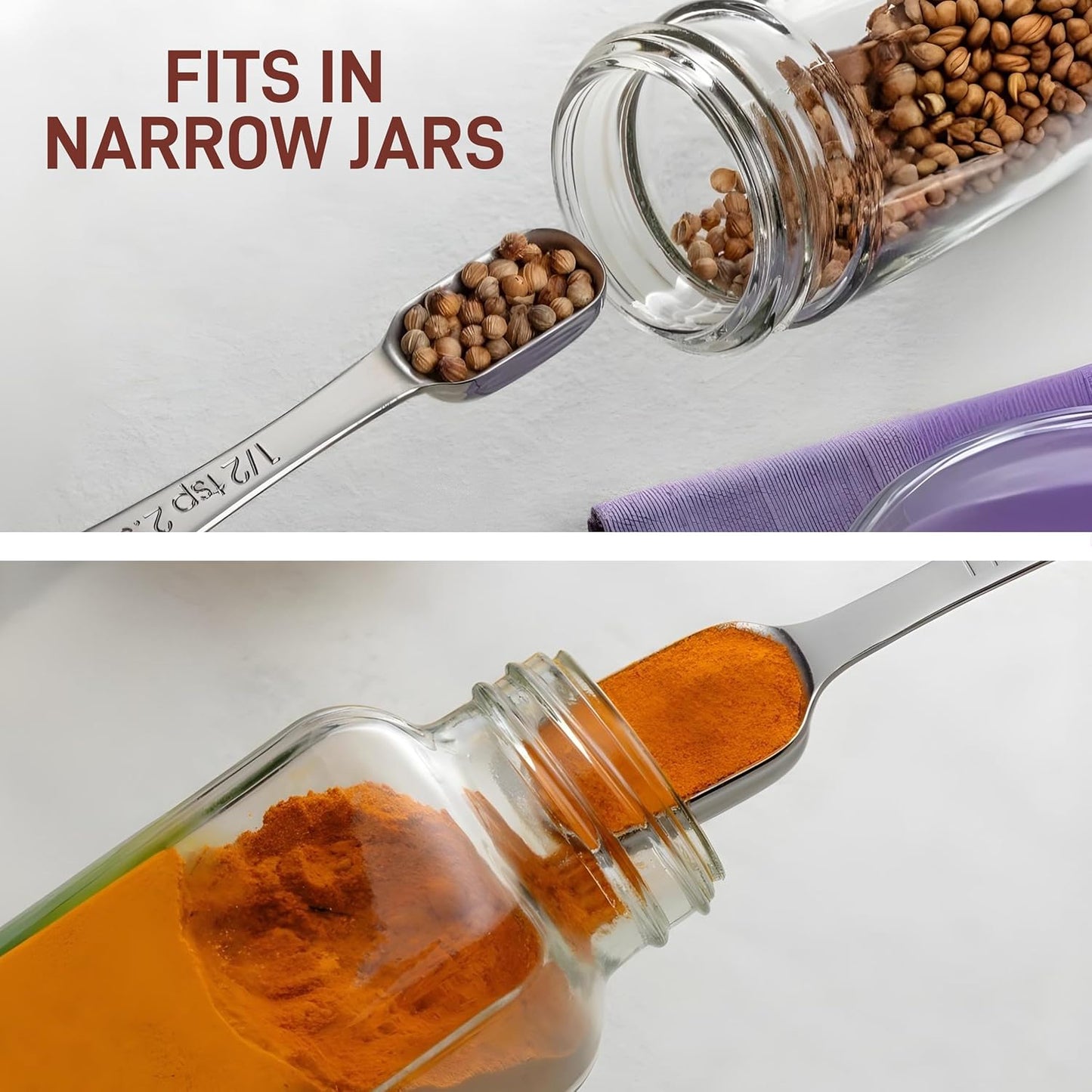 Zulay Measuring Spoons Set - 6 Piece Stainless Steel Measuring Spoons - Easy to Read, Etched Markings & Slim Design for Narrow Spice Jars - Heavy Duty Tablespoon Measure Spoon with Removable Clasp