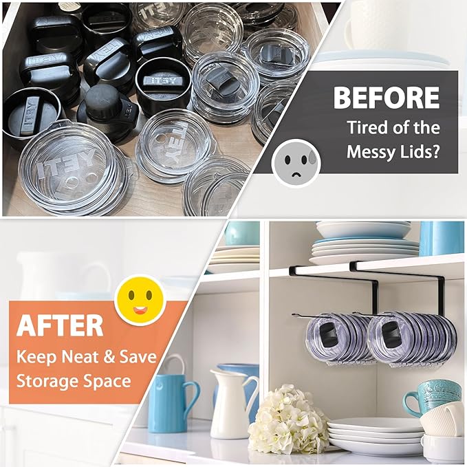 2 Pack Tumbler Lid Organizer, Horizontal Tumbler Lid Storage Hook to Hold Up 20 Lids, Space Saving Cup Lid Holders Under Cabinet Tumbler Lid Hook for Kitchen Organizer, Paper Towel Rack Hanger (Black)