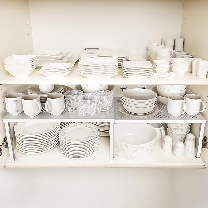 Simple Houseware Expandable Stackable Kitchen Counter Shelf Organizer, White, Metal Top, 11.25"L x 7.9"W x 5.4"H