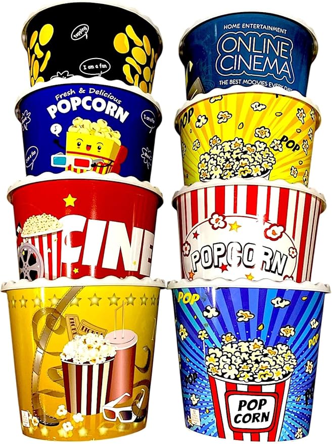 Modern Style Reusable Plastic Popcorn Box/Popcorn Containers/Popcorn Bowls Set for Movie Theater Night - (BPA Free - 8 Pack - 75 oz) (Mix 8-U)