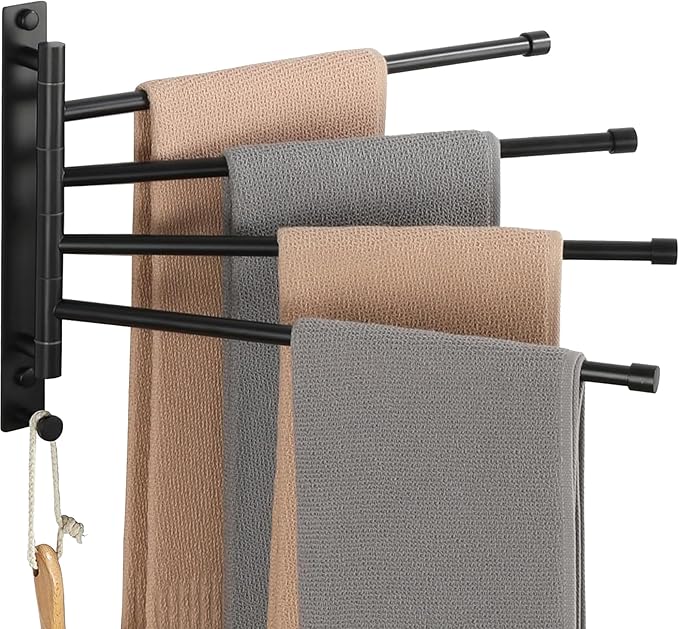 Alise Swivel Towel Rack, SUS304 Stainless Steel 4 Arms Towel Bar, Space Saving Swing Out Towel Bar with Hook, Towel Racks Wall Mounted for Bathroom, Matte Black