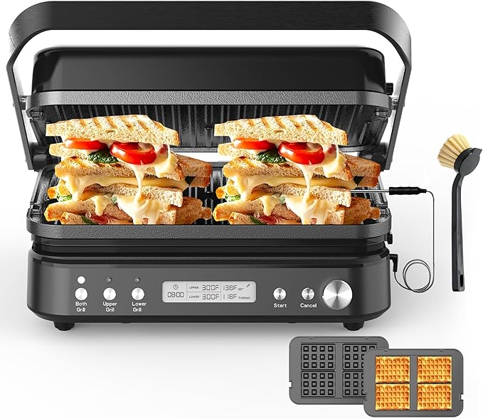 CATTLEMAN Panini Grill Press Sandwich Maker with Removable Plates, 1600W, 6 in 1 Waffle Maker & Electric Indoor Grill with Meat Thermometer, PFAS Free Ceramic Nonstick Reversible Plates, Opens Flat