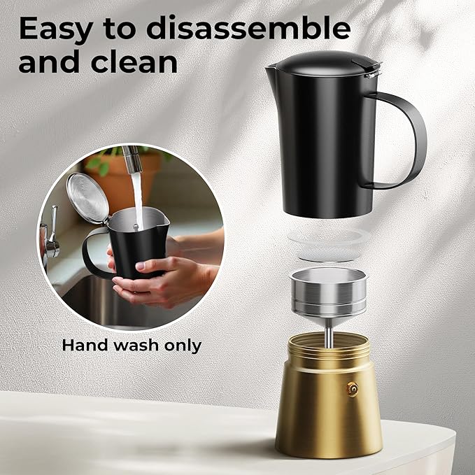 Stovetop Espresso Maker, Stainless Steel Moka Pot 6 Cup, Gold Espresso Maker (12 fl oz), Italian Coffee Pot, Compatible with Gas, Electric and Induction, Black & Gold Finish
