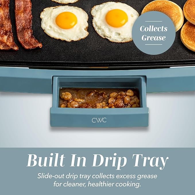 COOK WITH COLOR Electric Griddle 1200W, Nonstick Surface for Pancakes, Burgers, Eggs & More, Removable Temperature Control, Slide-Out Drip Tray, 10" x 16" Cooking Area, Slate Blue