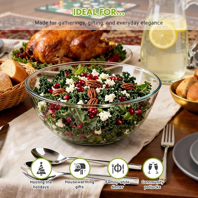 Greentainer Large Glass Salad Bowl with Stainless Steel Fork and Spoon, 144OZ Salad Serving Bowl for Kitchen, 4.5QT Glass Mixing Bowl for Cooking, Baking, Prepping, Dishwasher & Microwave Safe