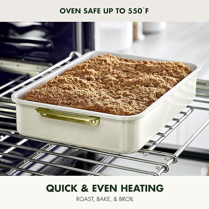 GreenPan Bakeware 13” x 9” Rectangular Cake Pan, Ceramic Nonstick Baking Pan, PFAS & BPA Free, Gold Handles, Durable Steel, Freezer to Oven Dish, Scratch Resistant, Bake & Roast Ovenware, Cream