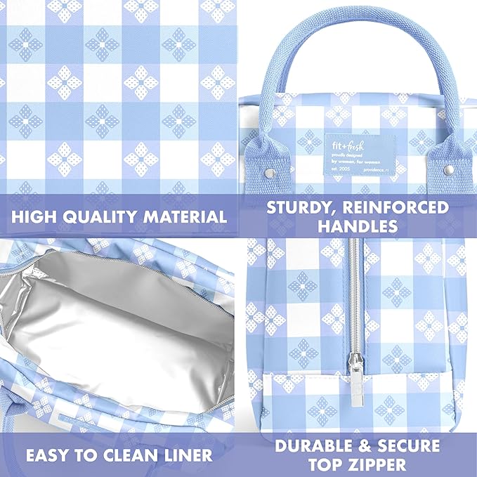Fit & Fresh Bloomington Lunch Bag for Women - Insulated Large Lunch Box for Work with Containers, Leak-Resistant, Stain-Resistant, Zipper Closure, Cornflower Blue Picnic