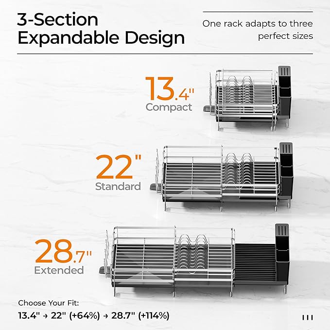 Delamu Stainless Steel Dish Drying Rack, Expandable Dish Drainer, Anti-Rust Large Dish Racks for Kitchen Counter, Dish Strainers with Drainboard, Utensil Holder & Cup Holder, 13.4"-28.7" L x 11.8" W
