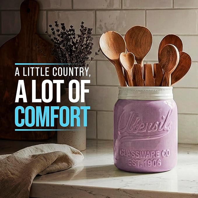 Comfify Wide Mouth Mason Jar Utensil Holder Decorative Kitchenware Organizer Crock, Dishwasher Safe - Kitchen Caddy Purple, Large Size 7" Hight