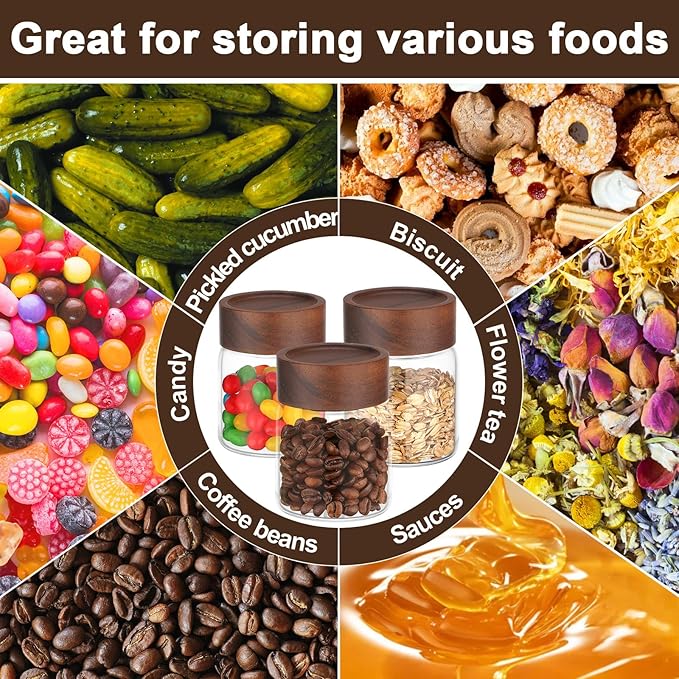 5oz Coffee Jars with Wood Lids, 4 Pack 160ml Clear Glass Storage Jars with Airtight Screw Lids, Empty Spice Bottles Food Storage Containers Meal Prep Canister for Salad, Sugar, Honey, Tea, Candy