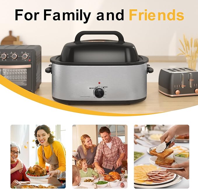 28Qt Electric Roaster Oven, with Self-Basting Lid, Removable Pan, Cool-Touch Handles, 1450W Stainless Steel Turkey Roaster Oven, Silver