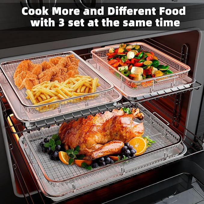 3 Set Air Fryer Basket, Air Fryer Pans and Tray for Oven with 90 PCS Parchment Papers, DEGOVIN Non-stick Stainless Steel Oven Air Fryer Basket and Tray-18.8" x 12.8" &14.88"×10.98"&12.8" x 8.9"