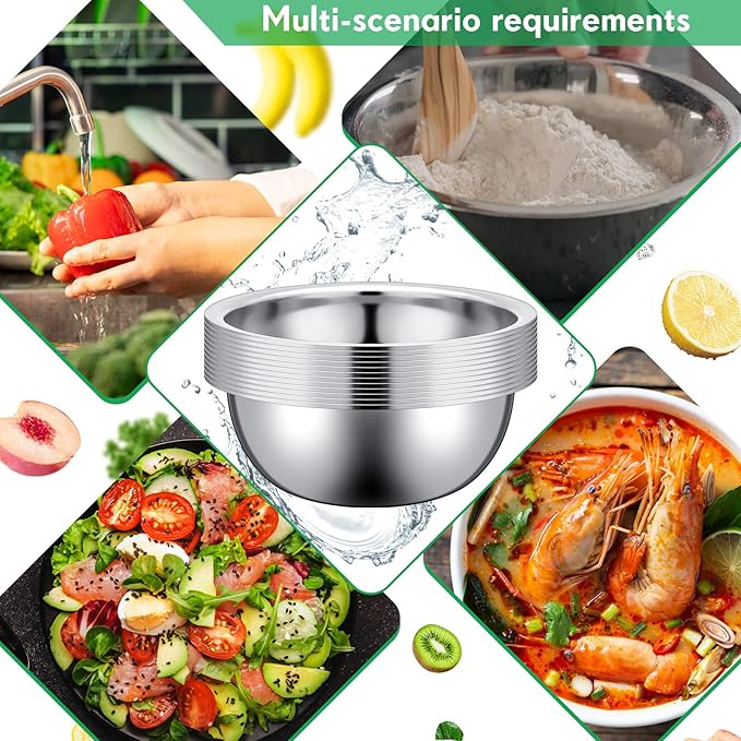 Pinkunn 12 Pcs Stainless Steel Mixing Bowls, Nesting Metal Salad Prep Bowls Bulk Reusable Baking Food Container Large Medium Small for Kitchen Hotel Restaurant Cooking, Silver (8.66 x 3 Inch)