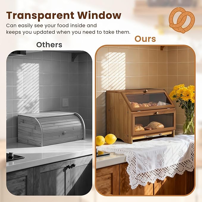 MAISONPEX Double Layer Bamboo Bread Box for Kitchen Countertop, Large Capacity, Cutting Board, Stainless Steel Bread Knife, Double Layer Storage Container with Clear Windows, Walnut