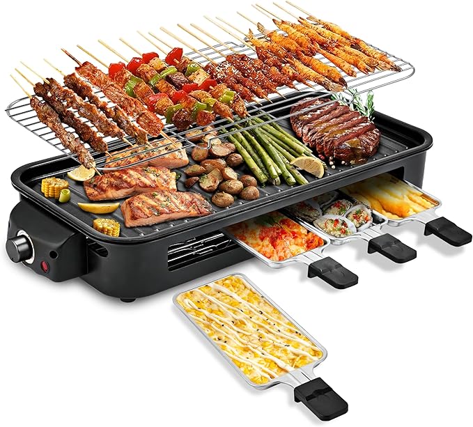 Pukomc Electric Indoor Grill,2 in 1 Indoor Grills for Kitchen with Grill Net & Non-Stick Cooking Removable Plate, Temperature Control, Dishwasher Safe, 1800W Large Smokeless Griddle Black