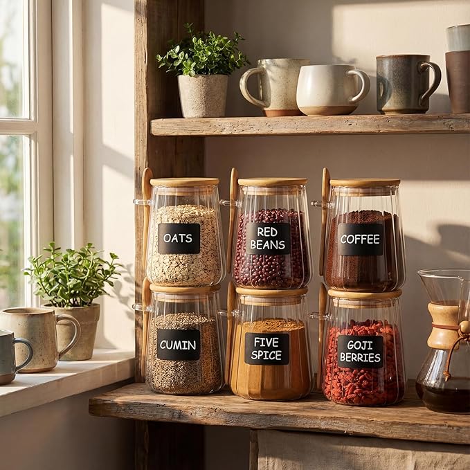 6 Pcs Glass Jar Sugar Container with Bamboo Spoons Lids 24 oz Large Sugar Container Glass Coffee Bowls Canister Coffee Bar Accessories with Labels Preprinted for Salts Tea Spice