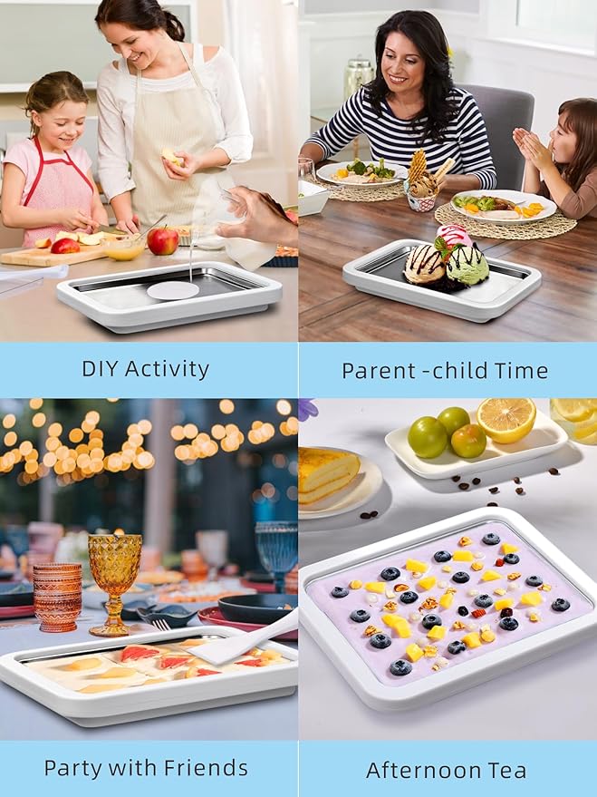 Rolled Ice Cream Maker with Lid, Instant Ice Cream Roller Tray with 2 Spatulas,316 Food Grade Premium Stainless Steel Roll Ice Cream Tray for Fun Family Activities, DIY Parent-Child Time