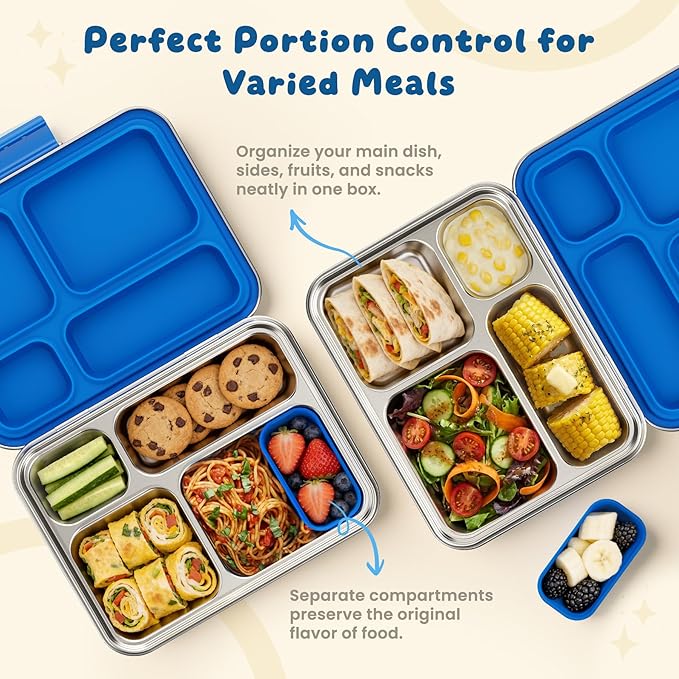 Stainless Steel Bento Box, 4-Compartment Metal Lunch Box with Removable Silicone, Lunch Container for Kids & Adults with Silicone Inner Container, School, Office, Dishwasher Safe(Blue)