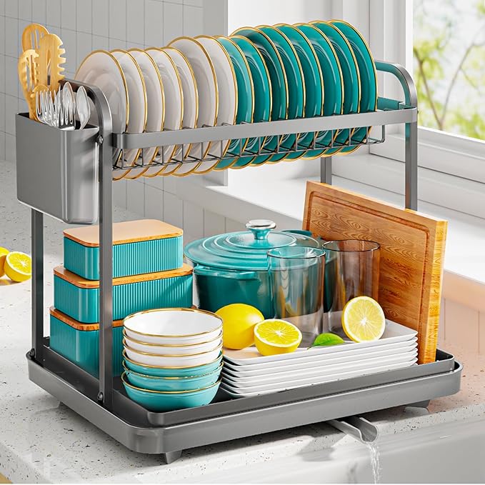 Sakugi 2-Tier Dish Drying Rack - Stainless Steel Dish Rack with Cutlery & Utensil Holders for Kitchen Counter, Sink Organization and Storage for Small Family, 15" W x 11.4" L x 15" H, Gray