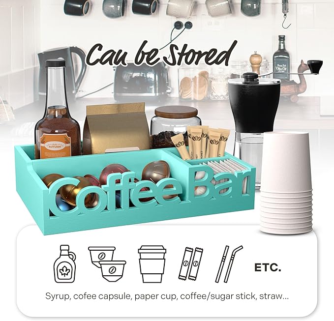 Coffee Bar Organizer for Countertop - Wood Coffee Pods Holder Storage Basket, Essential Coffee Bar Accessories for Home and Office, Condiment Station, Mini Coffee Bar