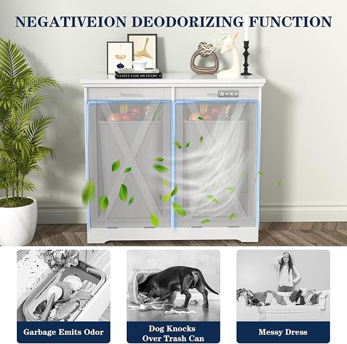 TOLEAD Double Tilt Out Trash Can Cabinet 10 Gallon,Farmhouse Style Kitchen Trash Cabinet with Barn Door, Solid Wood Tabletop, Pet Proof, Odor Blocking, Laundry Cabinet Keep Clean(White)