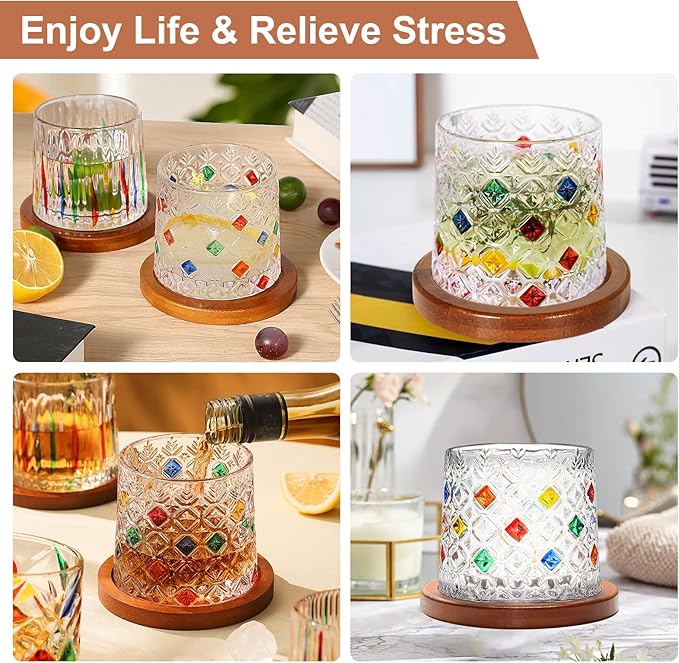 Rotatable Old Fashioned Glass Cup, 275ml/10oz Crystal Whiskey Glass Set of 2, Wood Coaster, Thickening, Used as Rum Glass, Cocktail, Coffee, Milk Cup to Relax and Reduce Stress