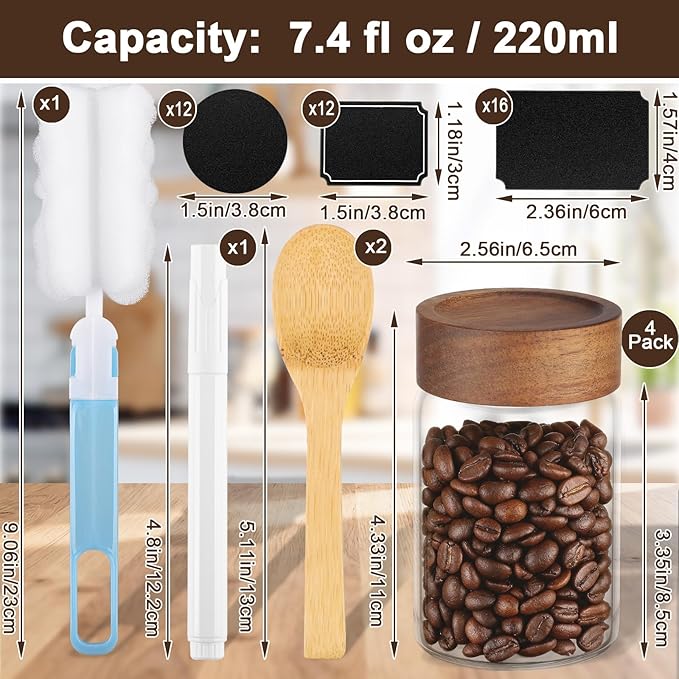 Glass Jar with Airtight Lid, 4 Pack 7oz Glass Canister with Wood Lids, Kitchen Food Storage Containers, Wooden Screw Top Glass Coffee Jars for Sugar, Tea, Oatmeal, Candy, Seasoning, Beans, Salad