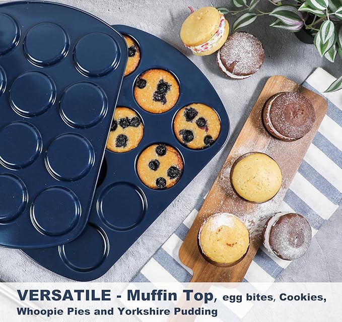 Webake Non-Stick Muffin Top Pan for Baking Egg Bites, Whoopie Pies, Cookies, Yorkshire Pudding, Heavy Gauge Carbon Steel Set of 2