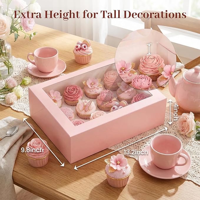 VGOODALL 12 Count Cupcake Boxes, 6PCS 13.2x9.8x4Inches Pink Cupcake Container with Window Boxes Holding 72 Pastry Box for Birthday Holiday Party Bakery Supplies