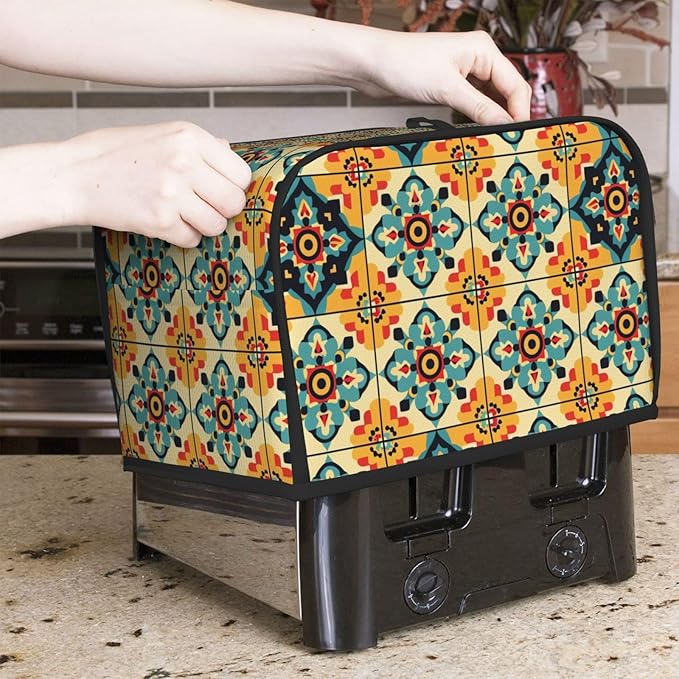 Brown Boho Tile Toaster Cover 2 Slice, Cute Rural Bread Machine Cover, Washable Dust-Proof Cover for Kitchen Small Appliance Cover,with Top Handle