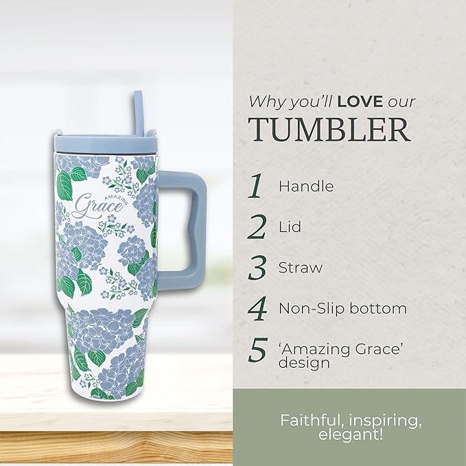 Steel Mill & Co 40 oz Stainless Steel Tumbler with Lid and Handle, Insulated/Thermal Travel Water Bottle with Amazing Grace Quote, Large Tumbler (Hydrangea)