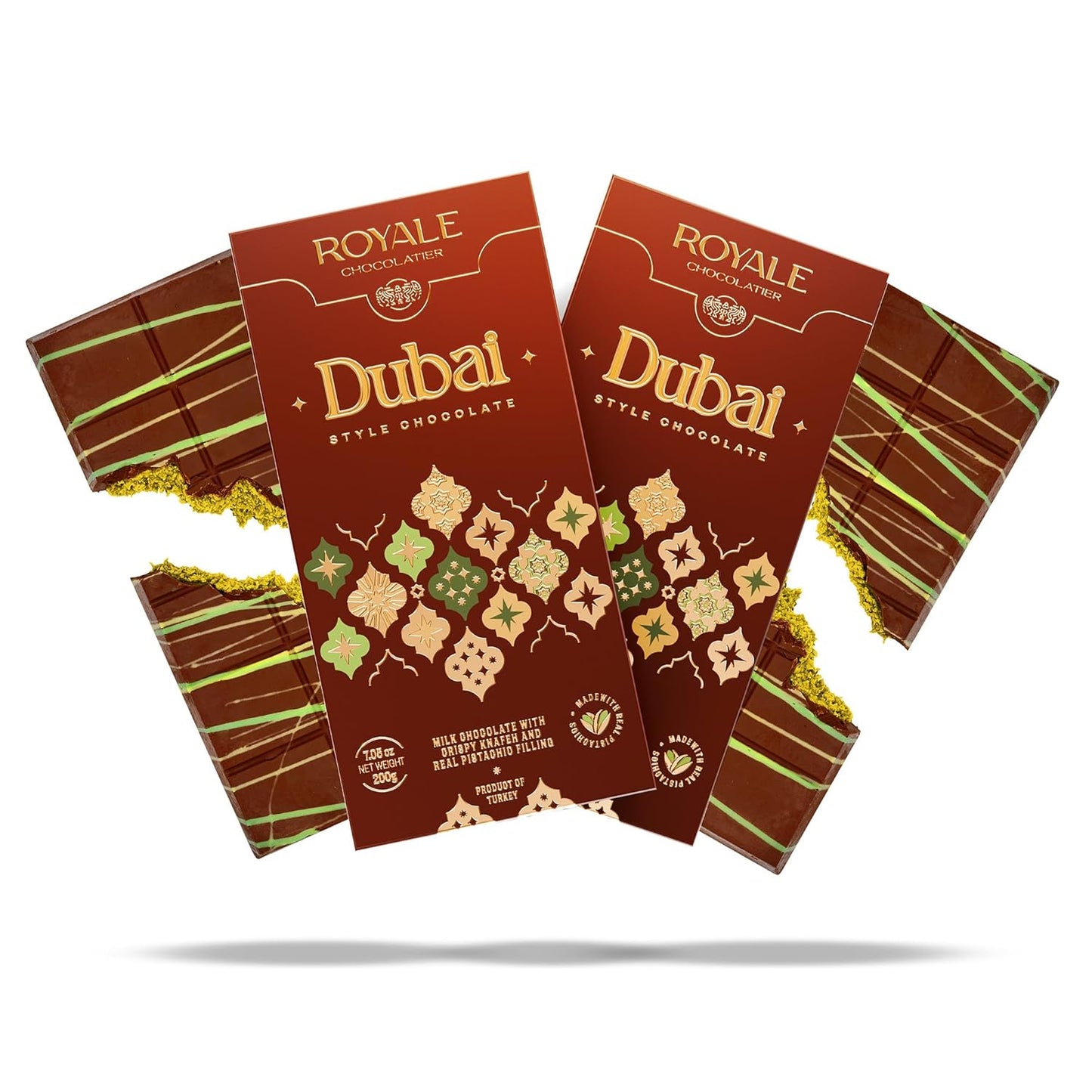 Royale Chocolatier Dubai Chocolate Bar | Large 200g Size | Grade-A Pistachio and Knafeh | Gooey Filling | Cocoa Butter Milk Chocolate With White Chocolate Drizzle | No Preservatives or Artificial Coloring