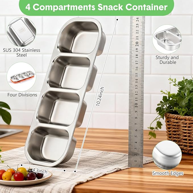 6 Pcs Stainless Steel Snack Containers with Leak Proof Lids, 4 Compartments Metal Bento Lunch Box, Reusable Stackable Divided Food Storage Containers for Meal Prep Daycare, Work