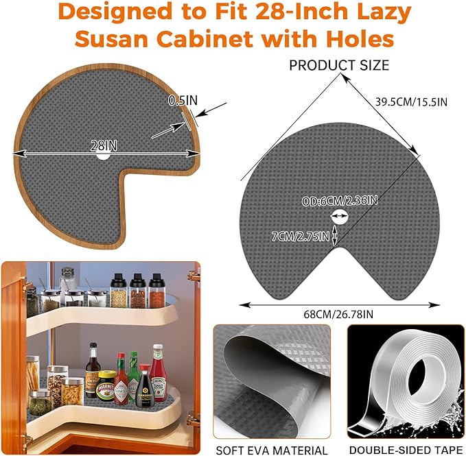 4 Pack 26In Lazy Susan Shelf Liner, Upgraded Composite Materials Circle Lazy Susan Liner for Kitchen Cabinets, Non Adhesive Liners Mats for Shelf Drawer Refrigerator Cupboard (4 Pack-Gray)