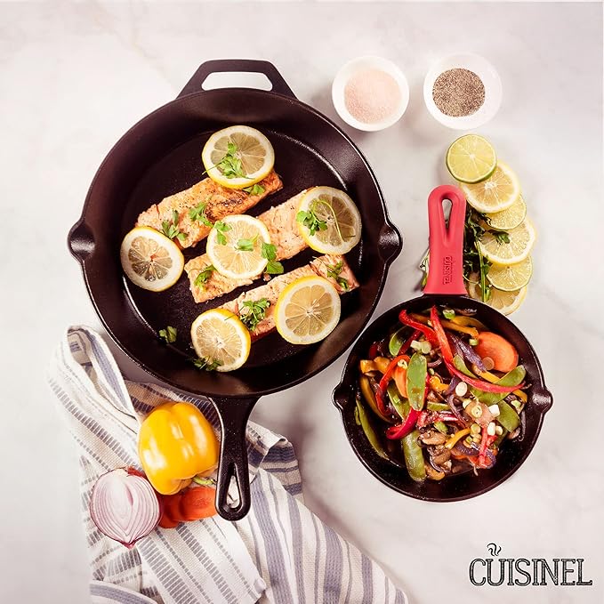 Cast Iron Skillet Set - 8" + 12"-Inch Frying Pan - Pre-Seasoned Oven Safe Cookware + 2 Heat-Resistant Handle Holder Grips - Indoor/Outdoor Use - Grill, Stovetop, Induction Safe. PFAS and PFOA-free