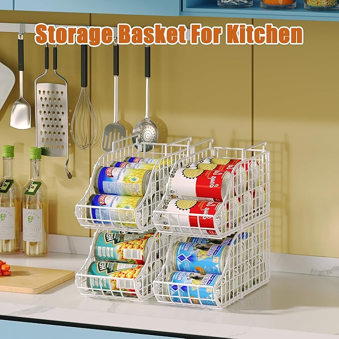 Can Storage Organizer Pantry, Stackable Kitchen Canned Food Holder With Handles, Can Organizer For Pantry Countertop Cabinet, Beverage Drink Pop Soda Can Dispenser Patent Pending (White, 4 Pack)