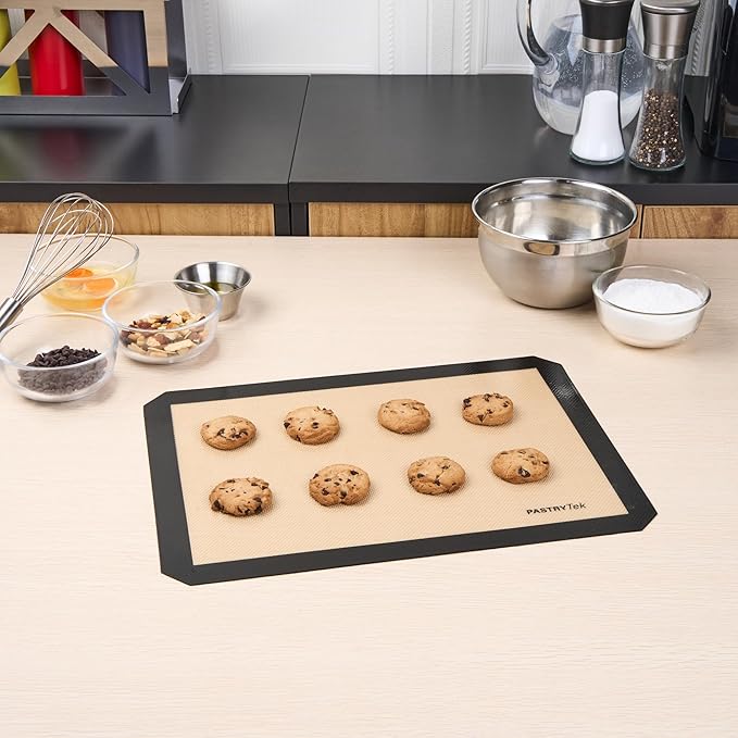 Restaurantware Baking Mat Pack of 1 Non-Stick 11.8"x15.7" Silicone Half Size Baking Mat, Rectangle Reusable Durable Oven-Friendly Anti-Slip Sheet for Kneading Rolling Shaping Dough, Tan and Black