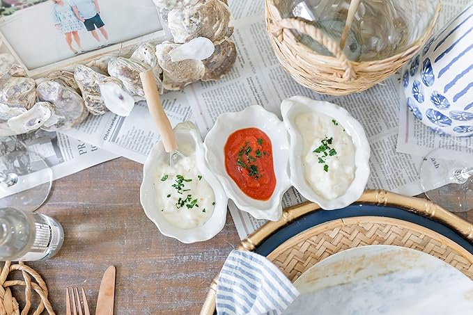 Mud Pie Oyster Shaped Triple Dip and Serving Set, White, 10.25" x 5.5"