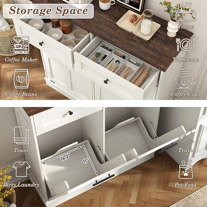 Double Trash Can Cabinet, 26 Gallons Farmhouse Hidden Wood Garbage Can Bin Cabinet with Drawers, Tilt Out Laundry Hamper with Laundry Storage Basket for Bathroom, Kitchen, Antique White