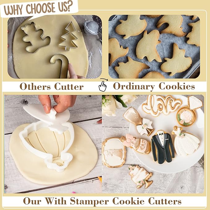 Flycalf Wedding Cookie Cutters Dress Shapes with 3D Stamper Eco-Friendly PLA Kitchen Cake Decorating Bridal Shower Gifts for Kids 4" Baking Embossing Stamps Mold Supplies Biscuit Fondant Tools